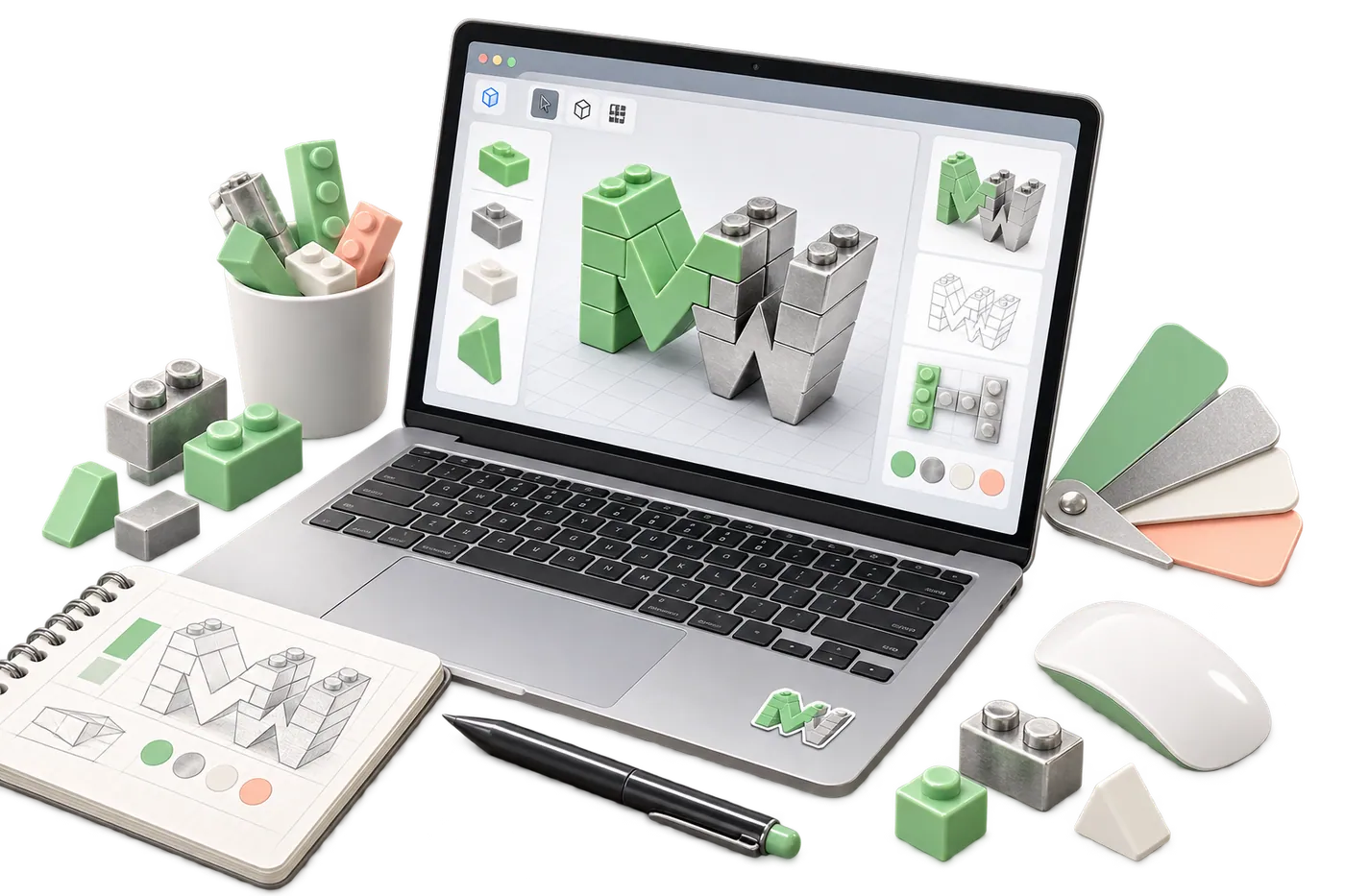 Laptop met het ontwerpprogramma waarin het MW-model wordt gebouwd