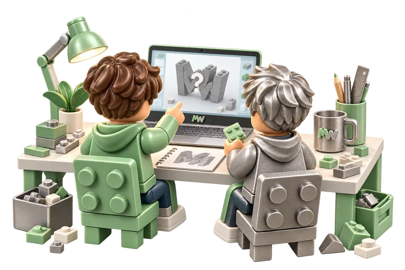 Mees en Willem ontwerpen samen het model op de laptop